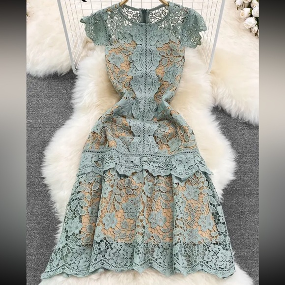 #152 Elegant Butterfly Sleeve Crochet Lace Casual O-neck High Waist Dress - Picture 11 of 16